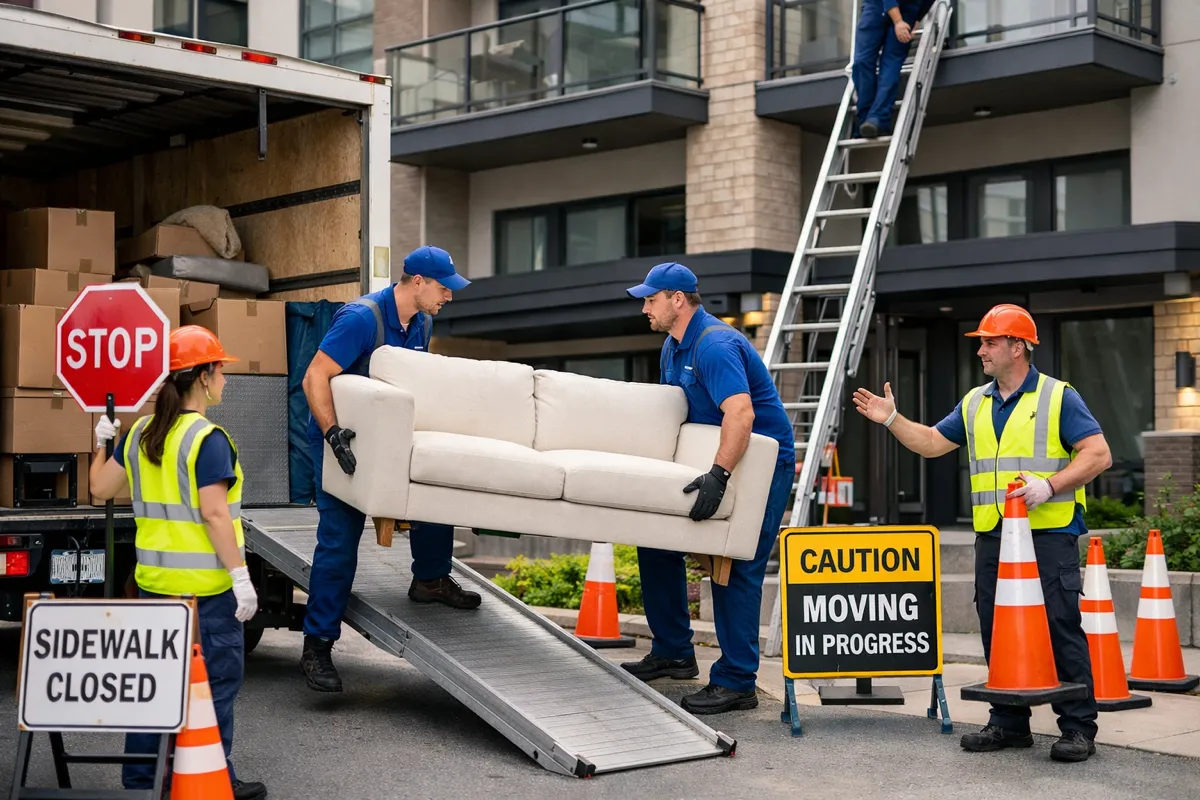 Moving crew carrying boxes into a home